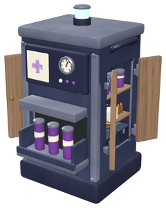 Level 2: an open side cabinet of supplies